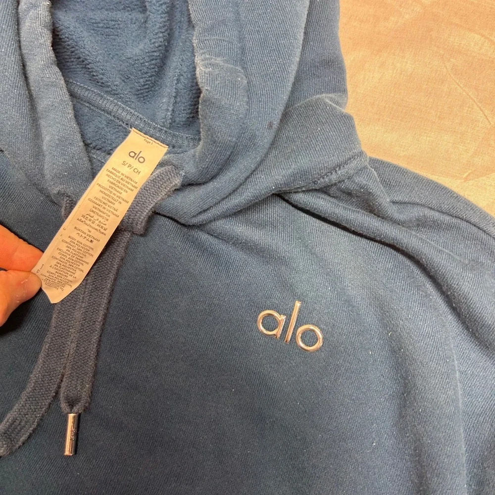 Alo Yoga Accolade Hoodie Teal Blue Chrome Logo Sweatshirt S